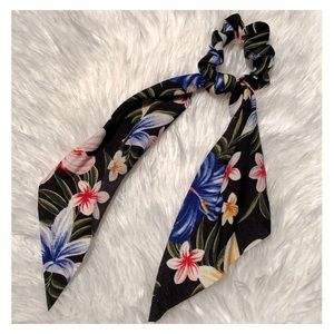 2 In 1 Tropical Black Scarf Scrunchie Ponytail Tie